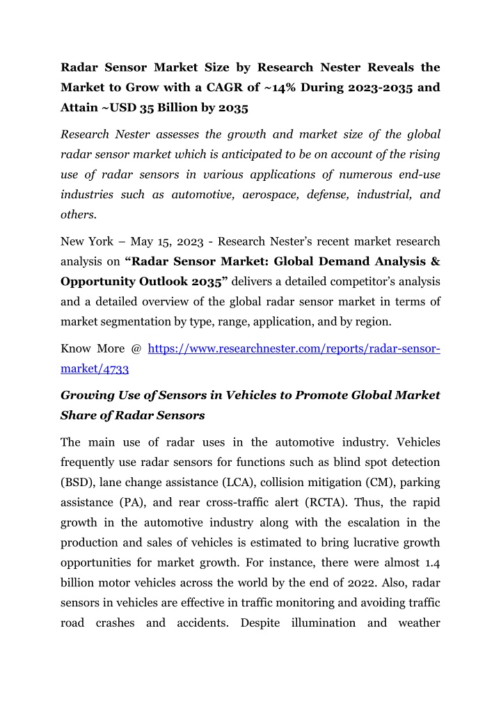 radar sensor market size by research nester