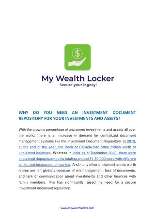 WHY DO YOU NEED AN INVESTMENT DOCUMENT REPOSITORY FOR YOUR INVESTMENTS AND ASSETS
