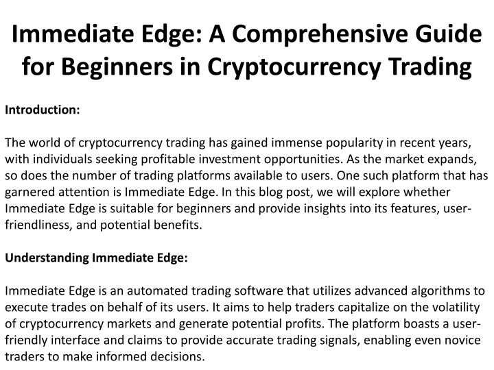 immediate edge a comprehensive guide for beginners in cryptocurrency trading