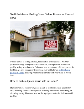 Swift Solutions_ Selling Your Dallas House in Record Time