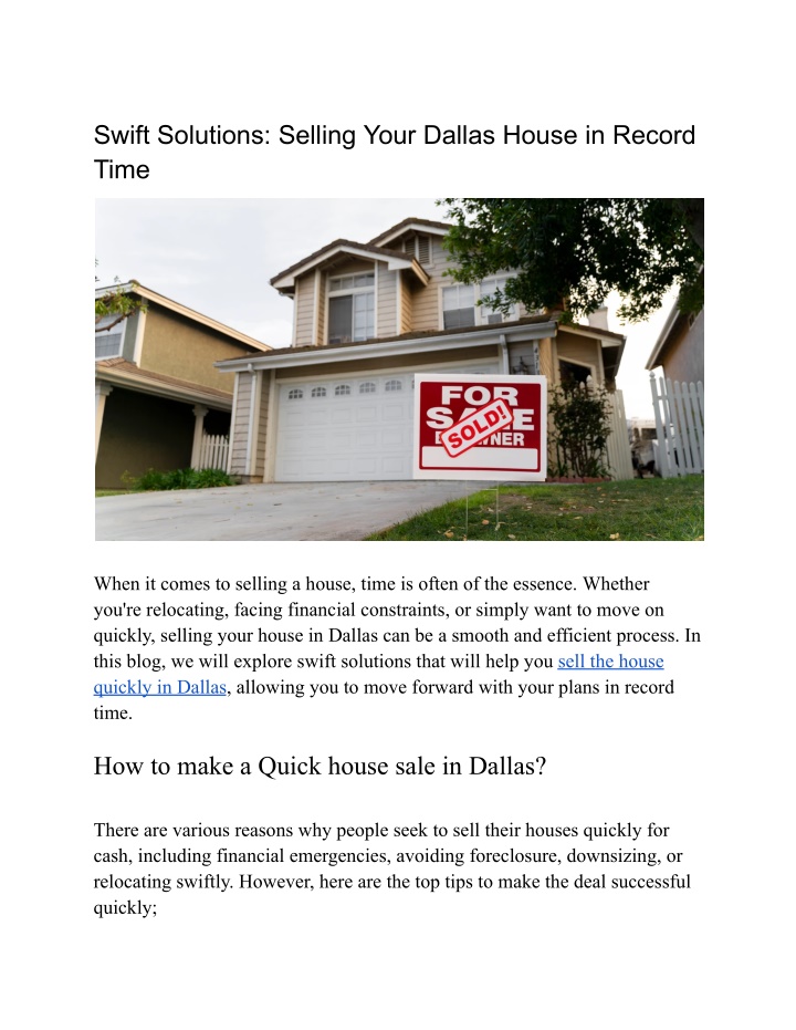 swift solutions selling your dallas house