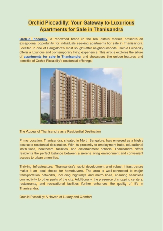 Orchid Piccadilly: Your Gateway to Luxurious Apartments for Sale in Thanisandra