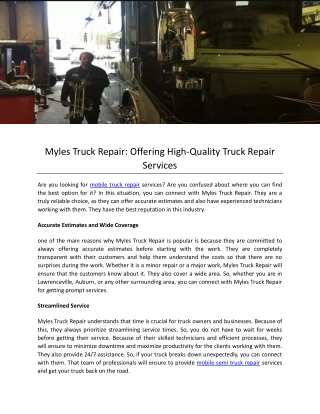 Myles Truck Repair Offering High-Quality Truck Repair Services