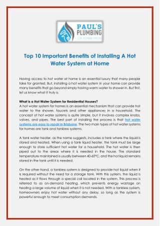 Top 10 Important Benefits of Installing A Hot Water System at Home