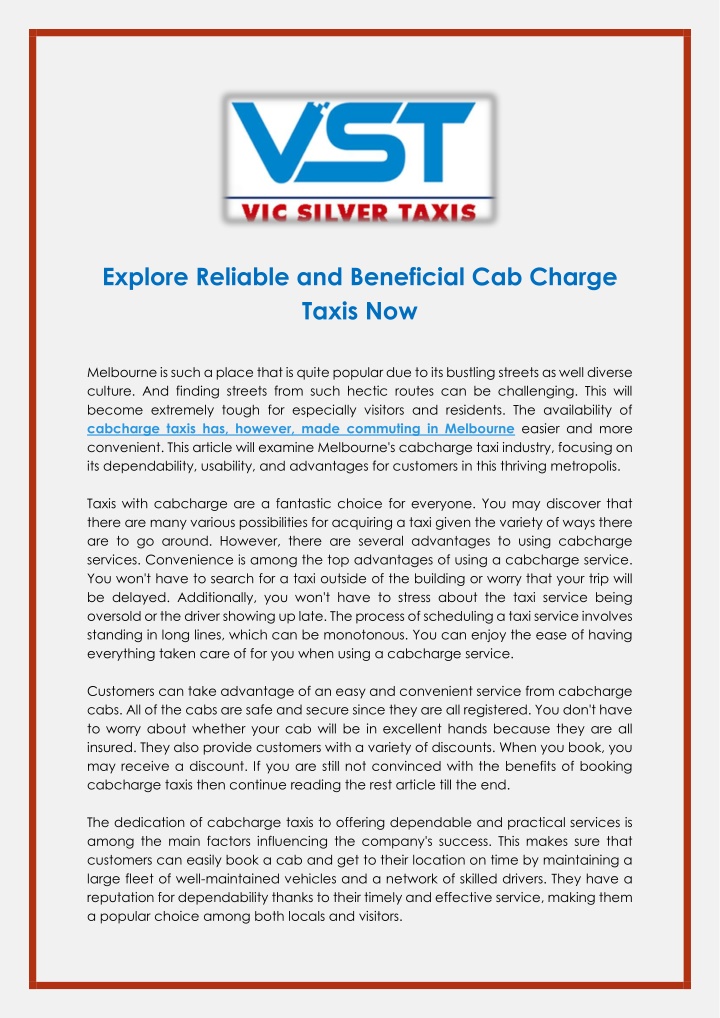 explore reliable and beneficial cab charge taxis