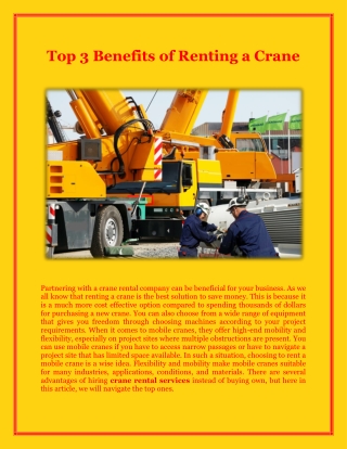 Top 3 Benefits of Renting a Crane