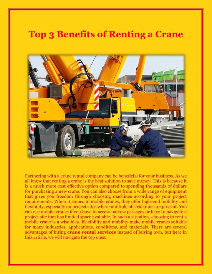 top 3 benefits of renting a crane