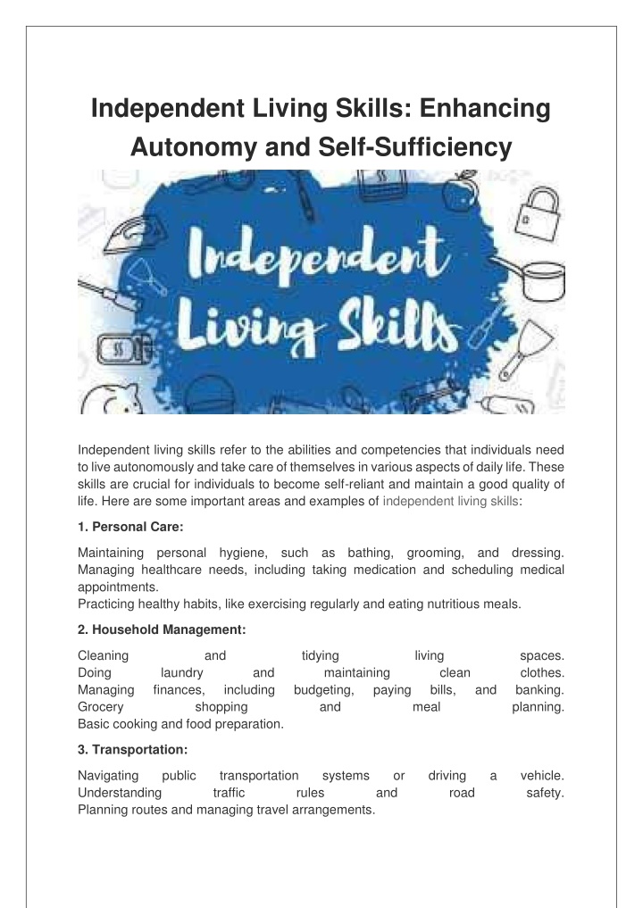 independent living skills enhancing autonomy