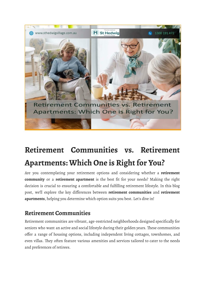 retirement communities vs retirement apartments