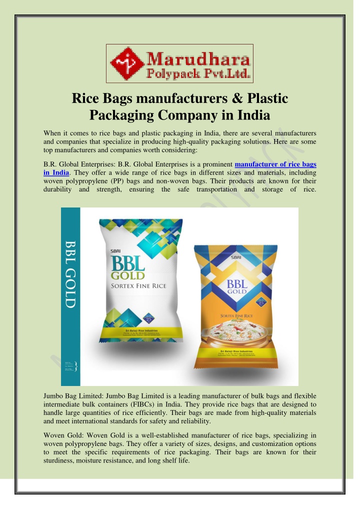 rice bags manufacturers plastic packaging company
