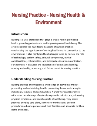 Nursing Practice - Nursing Health & Environment