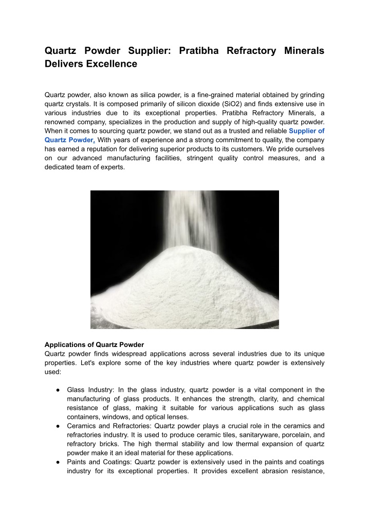 quartz powder supplier pratibha refractory