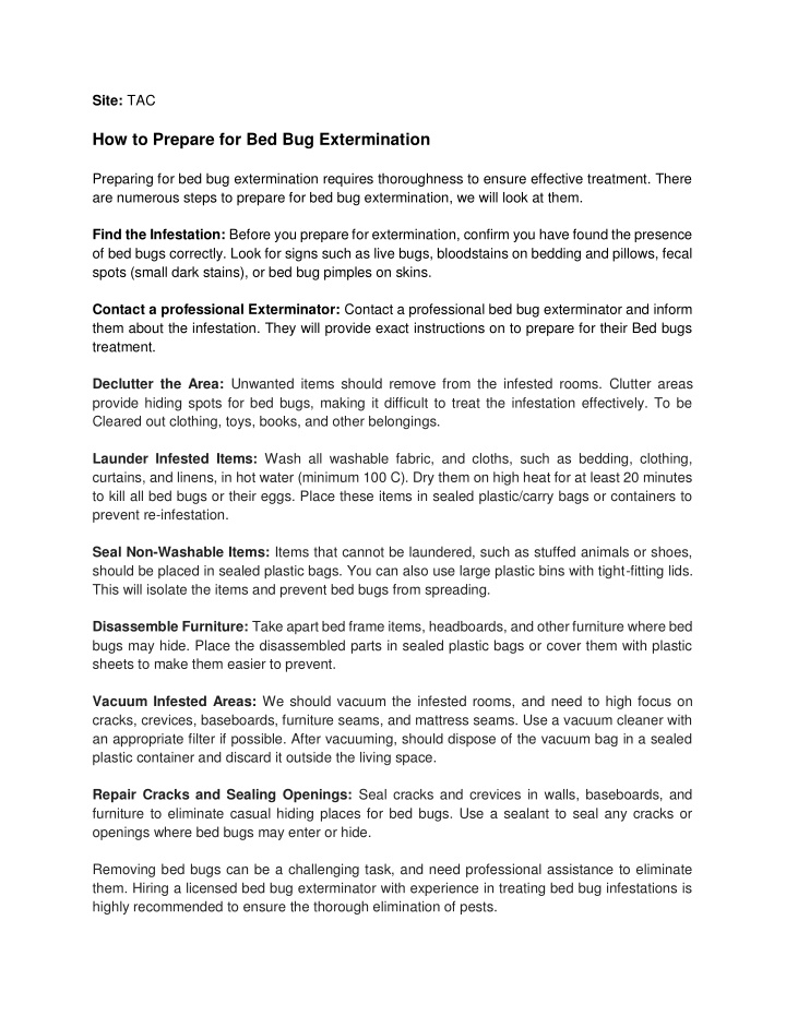 site tac how to prepare for bed bug extermination