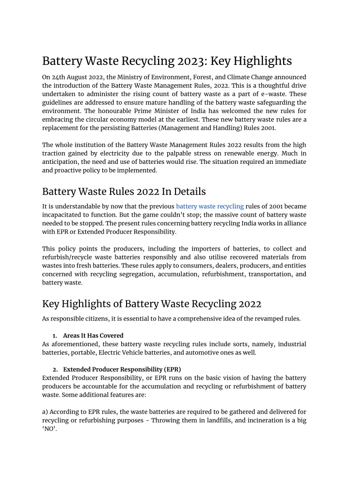battery waste recycling 2023 key highlights