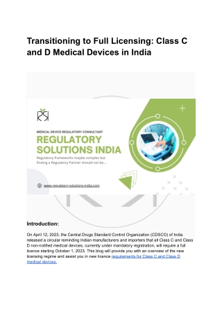 Full Licensing Requirement for Class C and D Medical Devices in India