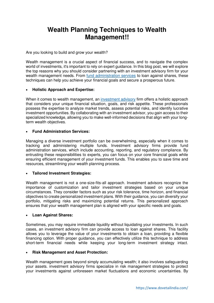 wealth planning techniques to wealth management