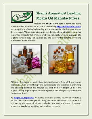 Shanti Aromatics Leading Mogra Oil Manufacturers