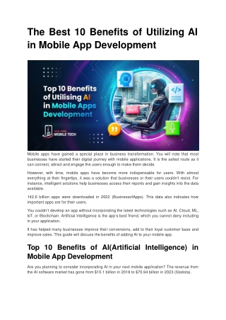 The Best 10 Benefits of Utilizing AI in Mobile App Developments