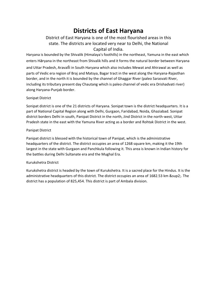 districts of east haryana district of east