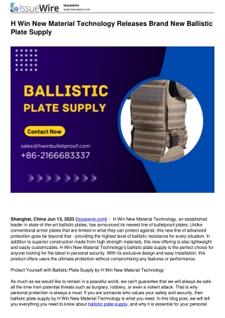 H Win New Material Technology Releases Brand New Ballistic Plate Supply