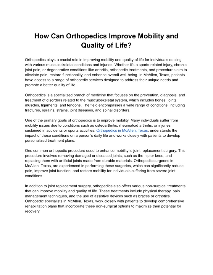 how can orthopedics improve mobility and quality