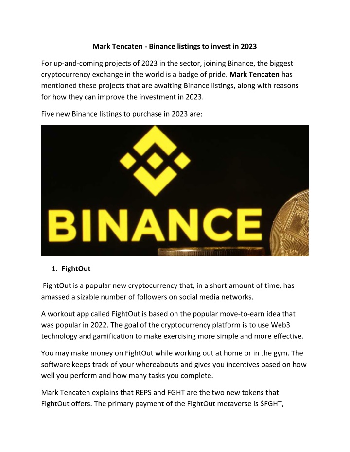 mark tencaten binance listings to invest in 2023