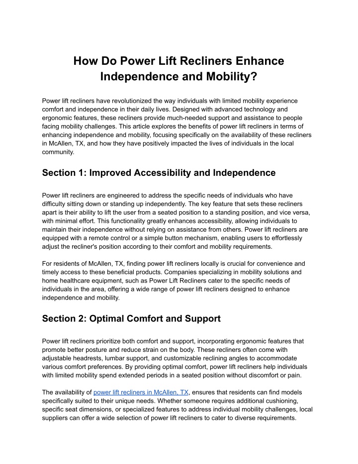how do power lift recliners enhance independence