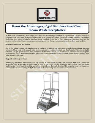 Know the Advantages of 316 Stainless Steel Clean Room Waste Receptacles