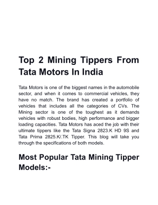 Top 2 Mining Tippers From Tata Motors In India