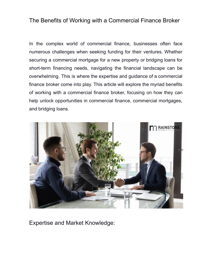 the benefits of working with a commercial finance