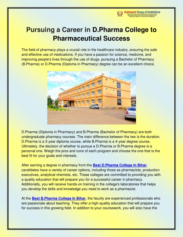 pursuing a career in d pharma college