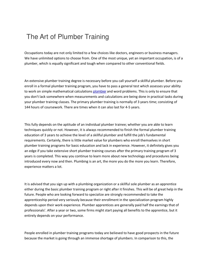 the art of plumber training