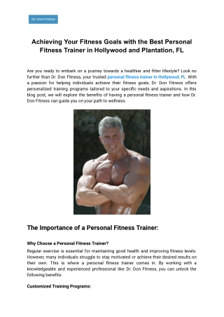 Achieving Your Fitness Goals with the Best Personal Fitness Trainer in Hollywood and Plantation, FL