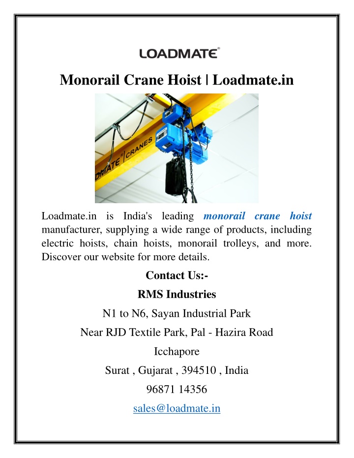 monorail crane hoist loadmate in
