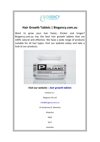 Hair Growth Tablets  Biogency.com.au