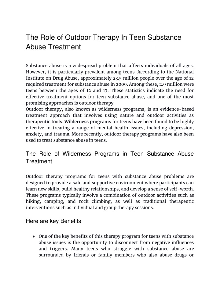 the role of outdoor therapy in teen substance