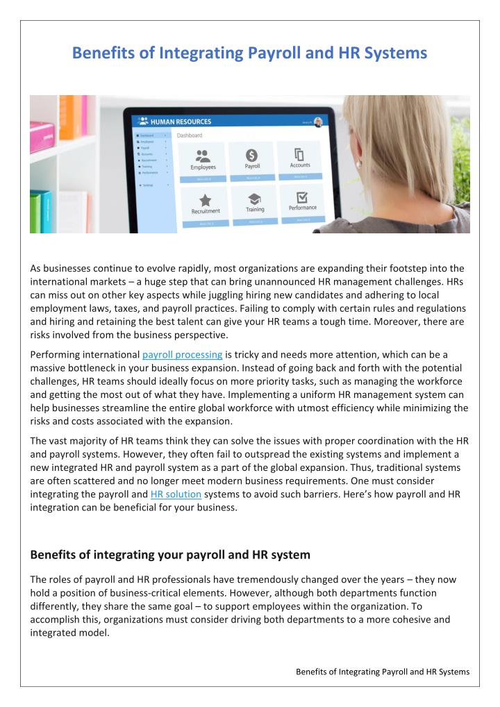 benefits of integrating payroll and hr systems