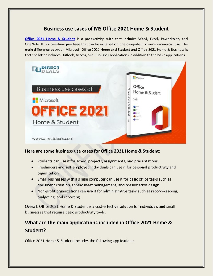 business use cases of ms office 2021 home student