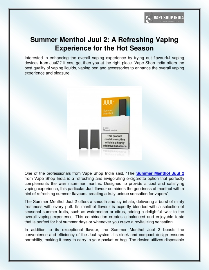 summer menthol juul 2 a refreshing vaping