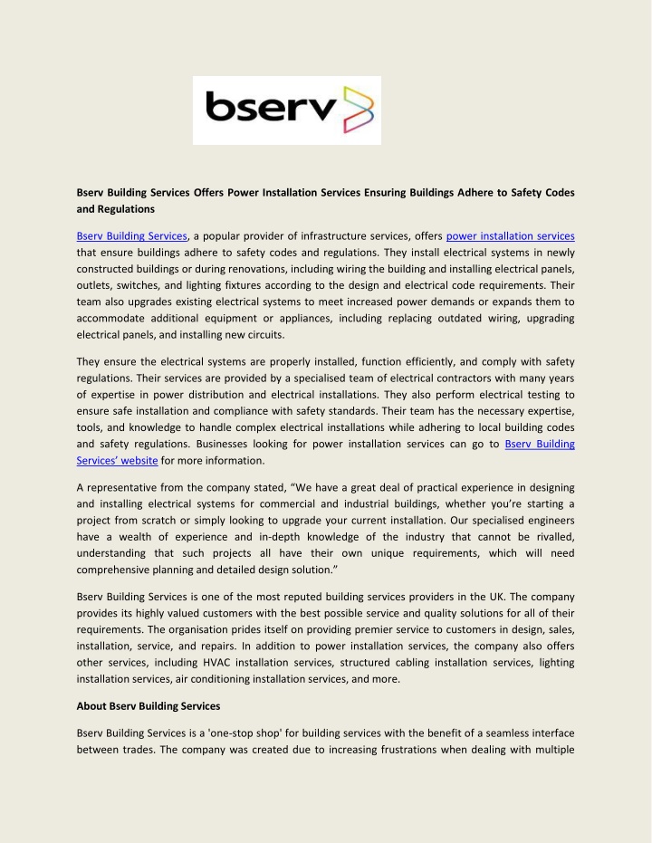 bserv building services offers power installation