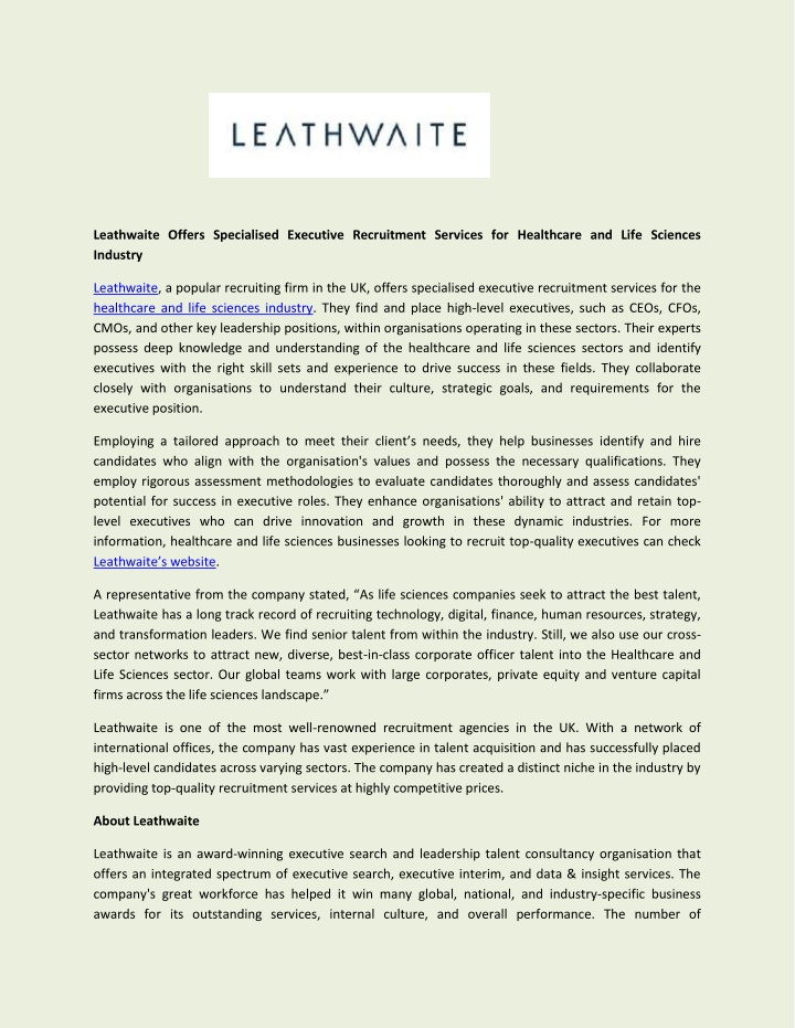 leathwaite offers specialised executive