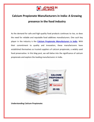 Calcium Propionate Manufacturers in India A Growing presence in the food industry