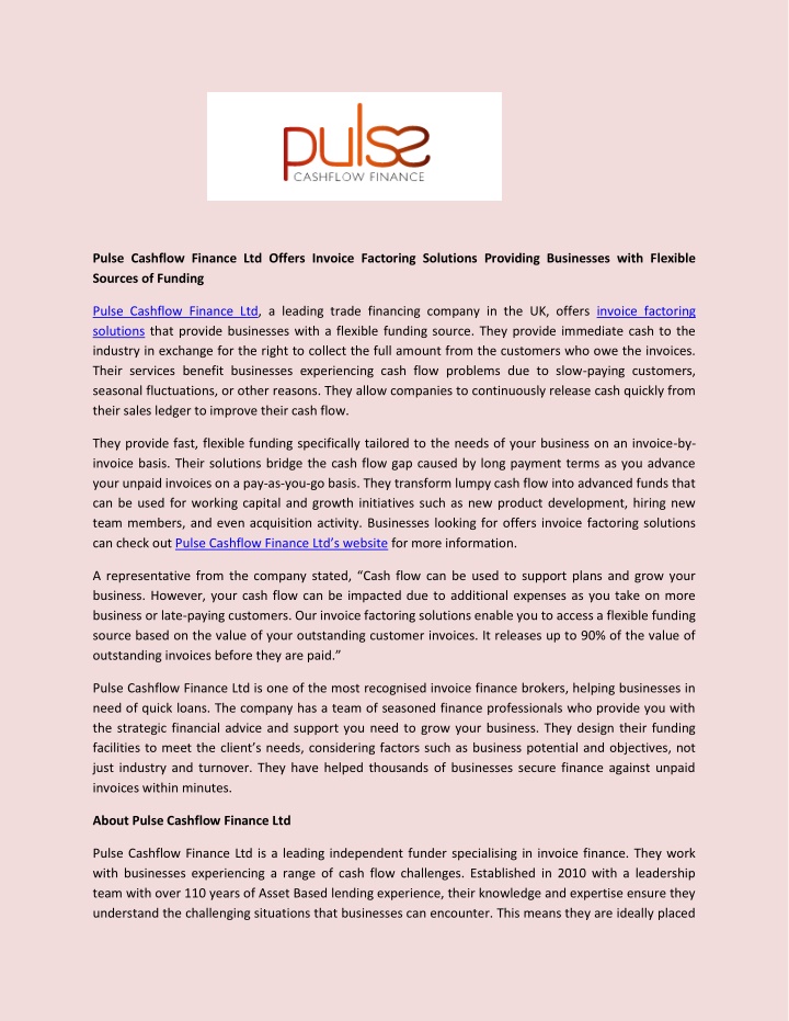 pulse cashflow finance ltd offers invoice