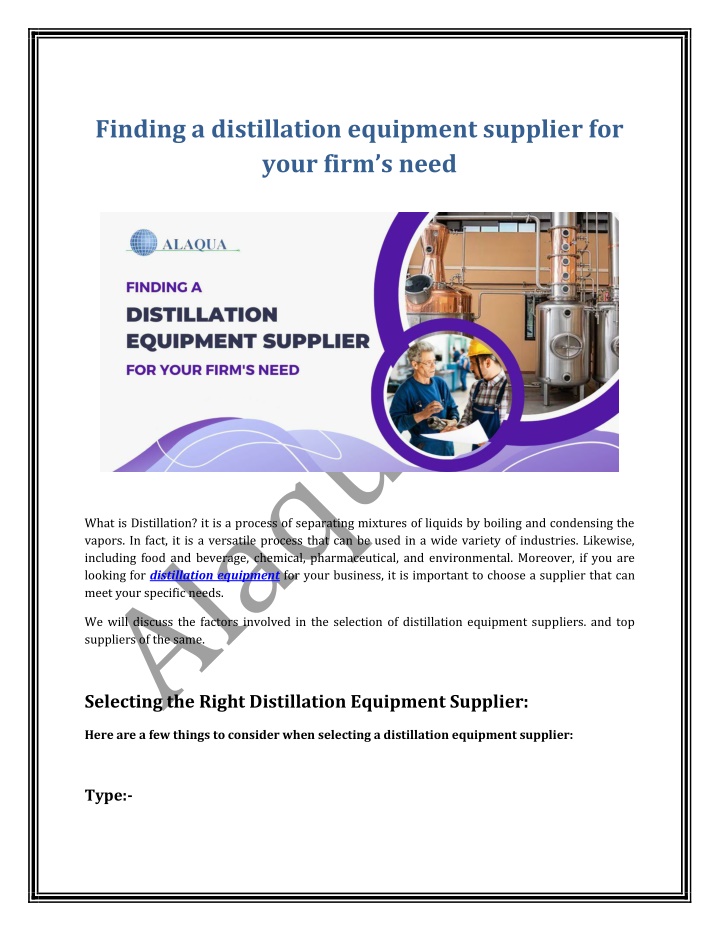 finding a distillation equipment supplier