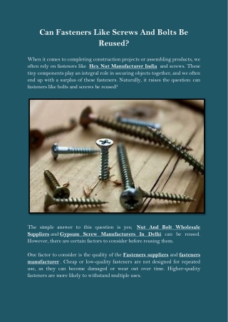Can Fasteners Like Screws And Bolts Be Reused