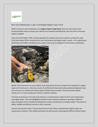 Best Auto Maintenance Cape Coral Engine Repair Cape Coral