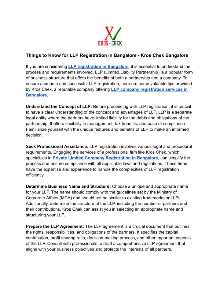 things to know for llp registration in bangalore