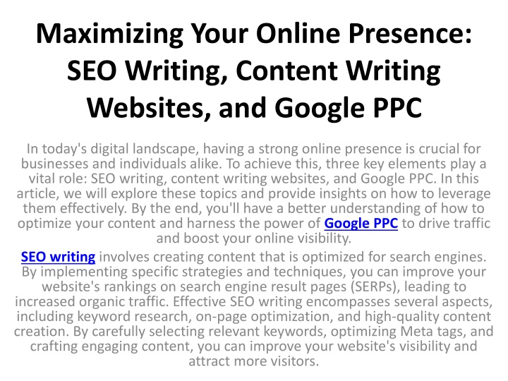 maximizing your online presence seo writing content writing websites and google ppc
