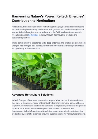 Keltech Energies: Revolutionizing Horticulture with Advanced Solutions