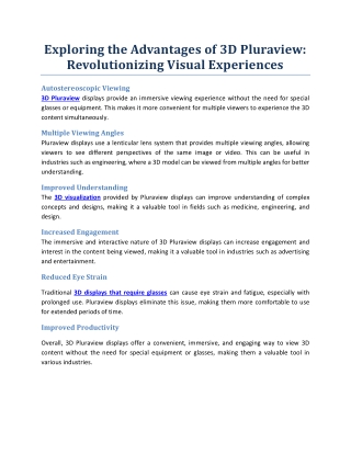 Exploring the Advantages of 3D Pluraview Revolutionizing Visual Experiences